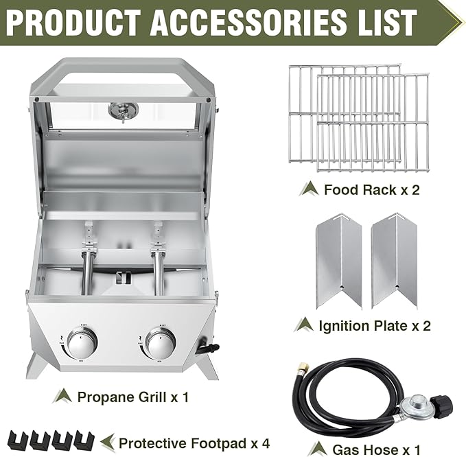 BESTFIRE Tabletop Gas Grill with 2 Burners & Viewing Glass Lid, 20,000 BTU Stainless Steel Portable BBQ Grill with Thermometer, Push-Button Ignition for Outdoor Patio, Camping, RV, Tailgating