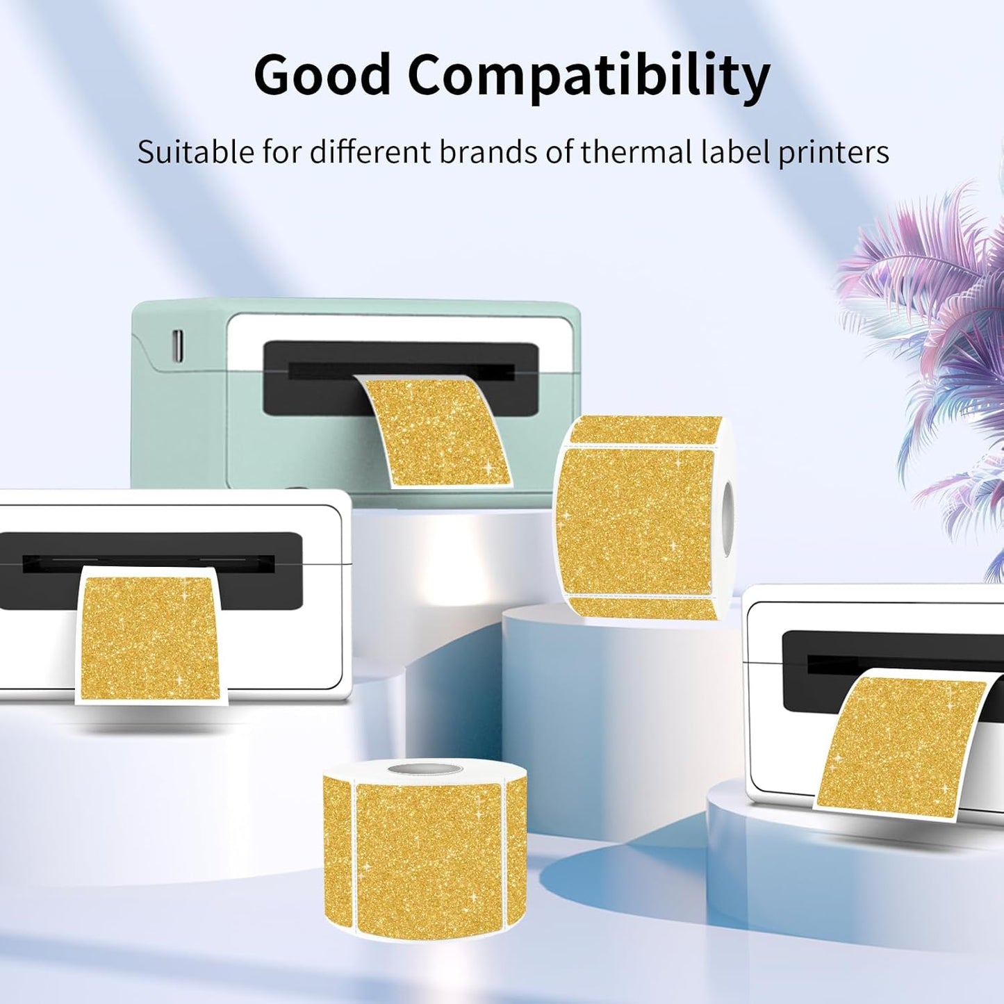 2" x 2" Square Thermal Labels Stickers, Holographic Direct Thermal Stickers Labels, Self-Adhesive Label for Small Business, DIY Logo Design- Glitter Gold