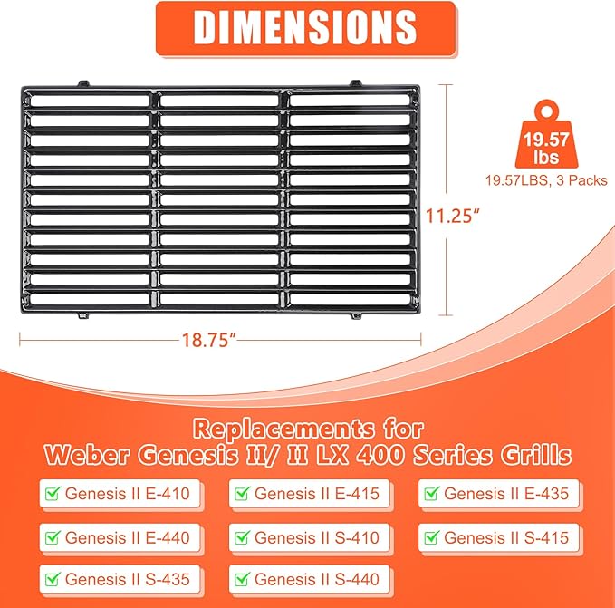 QuliMetal 66089 66097 18.7" Grill Grates for Weber Genesis 2 E-410/E-415/E-435, Grill Parts for Genesis II/LX E-440 Series Gas, Upgraded Cast Iron Grill Grates Replacements for Weber Genesis GS4