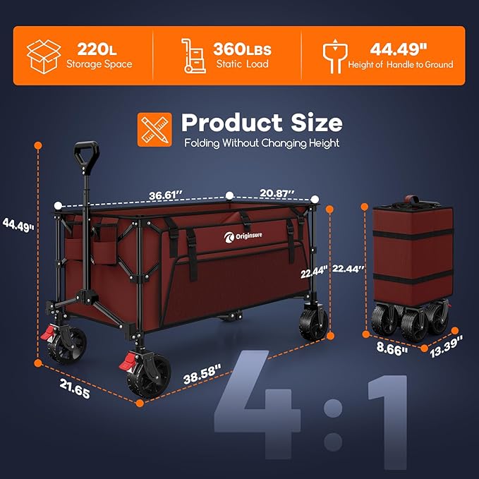 220L Collapsible Wagon Cart Foldable, 38" L Extra Large Heavy Duty Folding Beach Wagons with All-Terrain Wheels, Utility Carts for Camping, Sports, Shopping, Groceries - Red