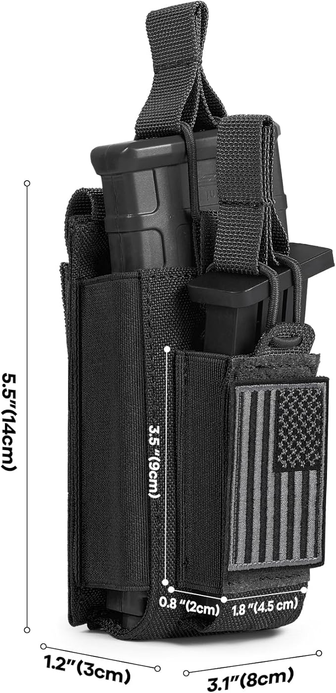 Open-Top Single/Double/Triple Molle Mag Pouch for 5.56mm M4 M16 AK AR Glock M1911 9mm Elastic Rifle Magazines Pistol Mag Pouches Holder Carrier with USA Flag Patch