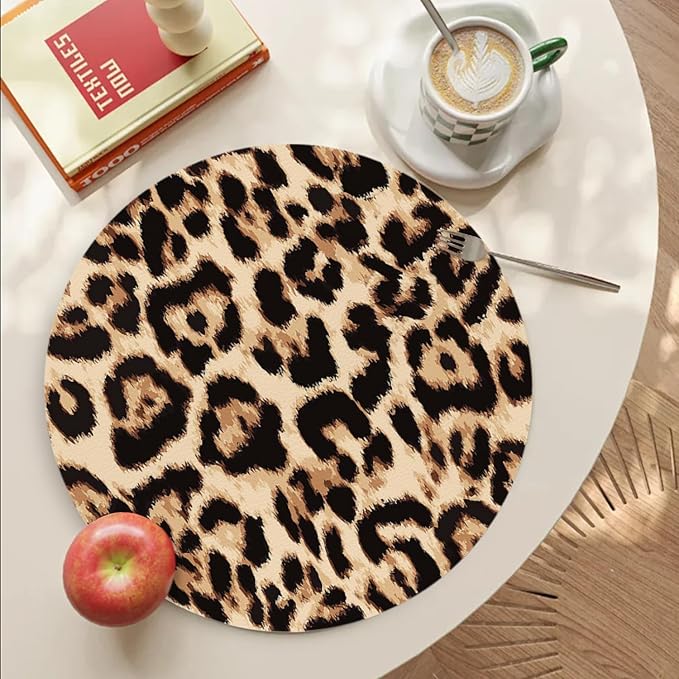Faux Leather Placemats Set of 4,Golden Brown Bionic Leopard Print Ding Table Round Placemat Heat-Resistant Waterproof Non-Slip Place Mats Kitchen Living Room Decoration,13inch