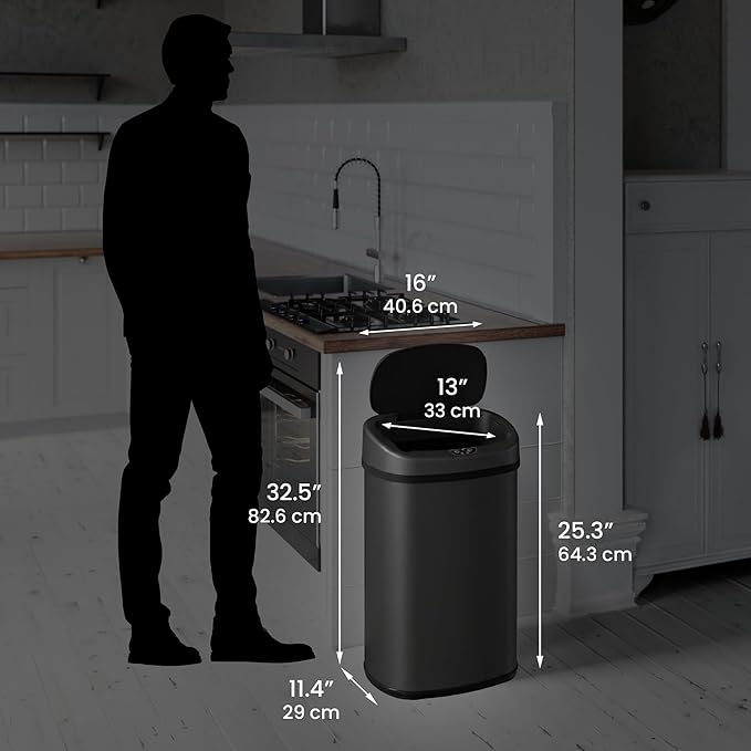 iTouchless 13 Gallon Automatic Sensor Trash Can with Lid, AbsorbX Odor Control System, Matte Black Stainless Steel Kitchen Garbage Bin, Fingerprint-Proof, Hands-Free Operation, Oval