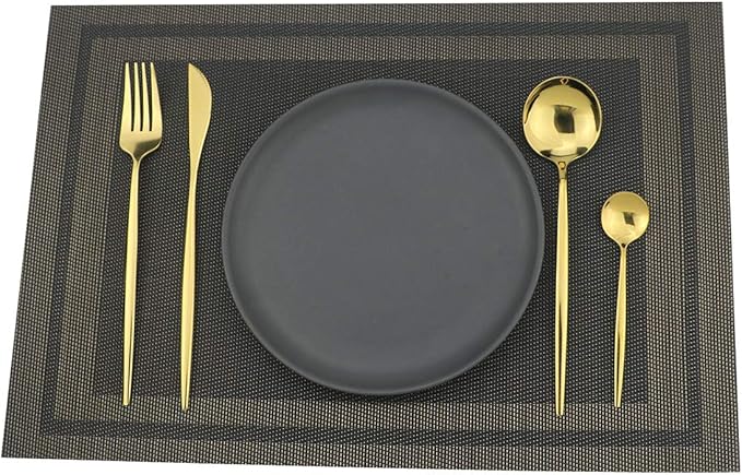 Gugrida Placemats Set of 6 Plaid Checkered Black & Gold PVC Placemat for Dining Table Durable Woven Vinyl Stain tablemats 18"X12"