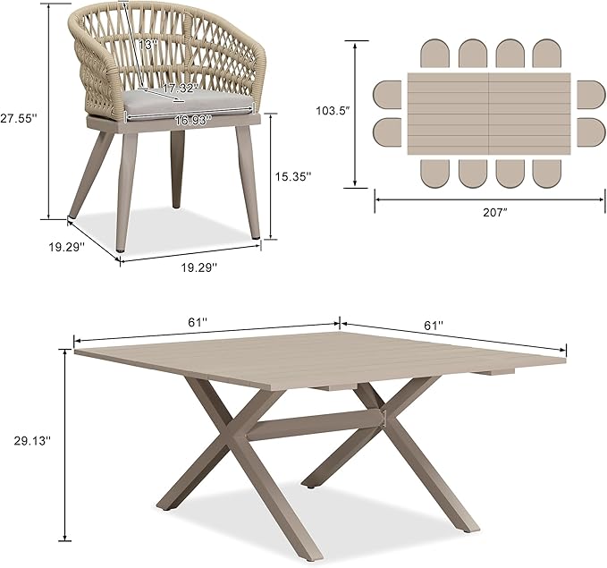 PURPLE LEAF 14 Pieces Outdoor Dining Set All-Weather PE Rattan Outdoor Patio Furniture Set with All Aluminum Frame Rectangular Table and Chairs Set for Lawn Garden Backyard Deck, Champagne