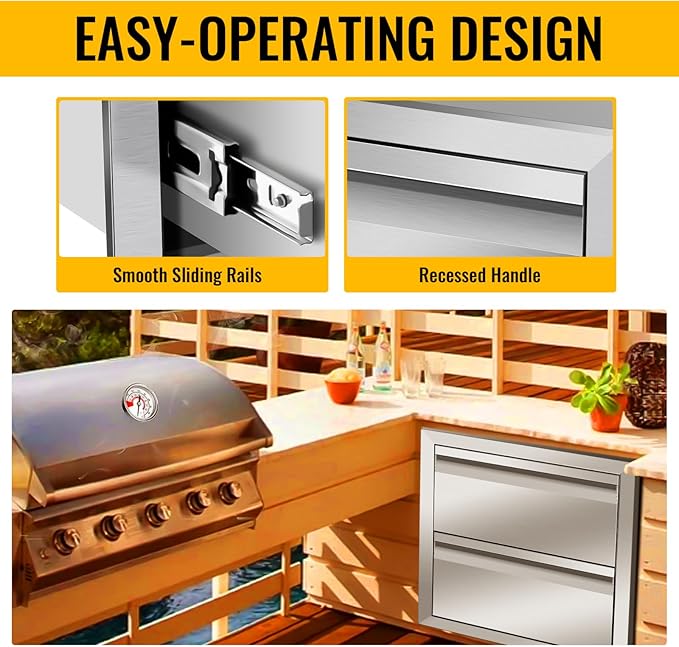 Pull Out Trash Drawer, Lower Sliding Rails Stainless Steel Roll Out Trash Bin Pull Out Tray With Handle For Outdoor Kitchen BBQ Island Grill Station,Double Drawers