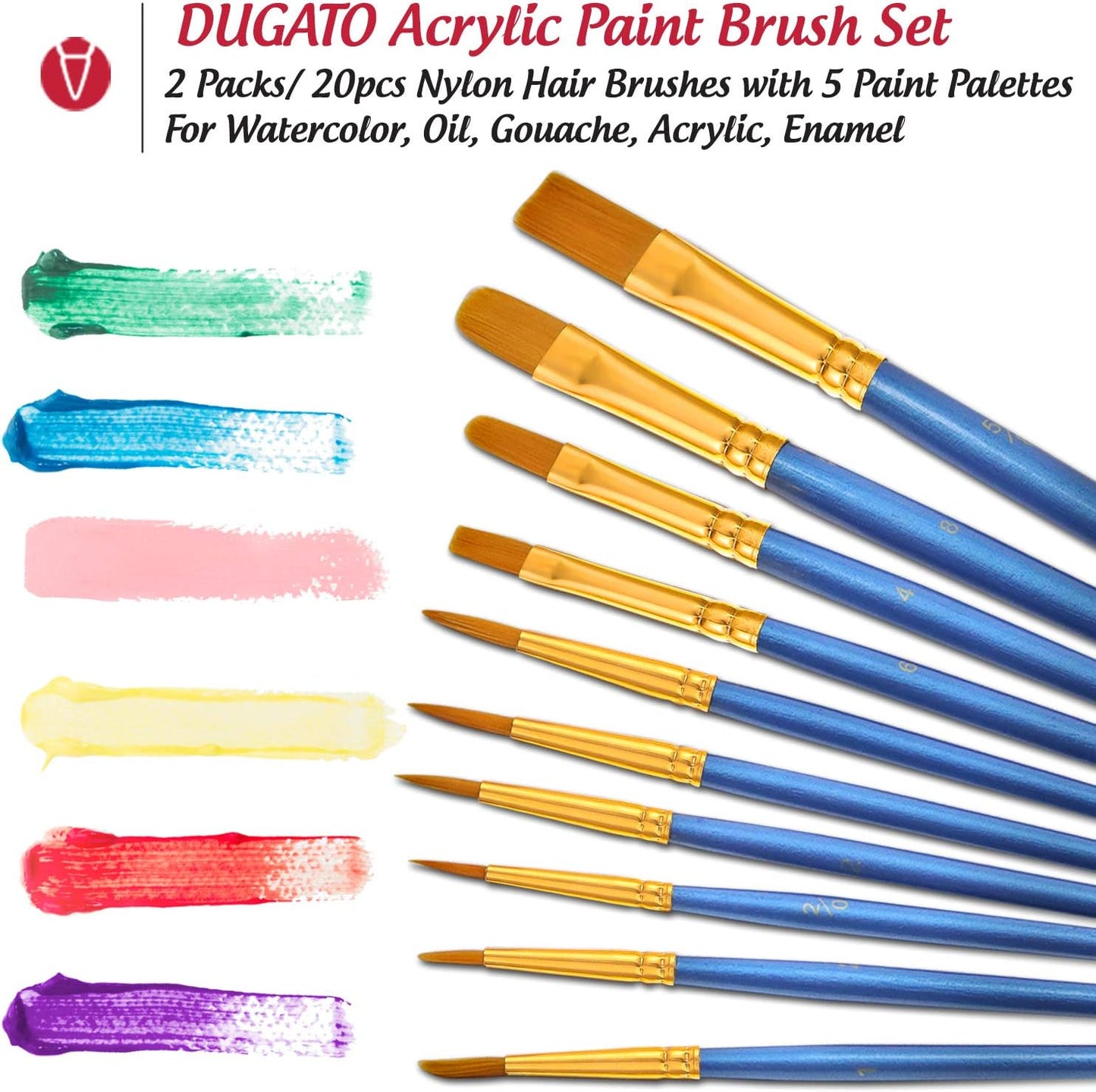 DUGATO Halloween Artist Paint Brush & Palette Set - 20 Nylon Brushes (Assorted Sizes & Shapes) with 5 Mixing Trays - Ideal for Acrylic, Watercolor, Oil & Gouache Painting