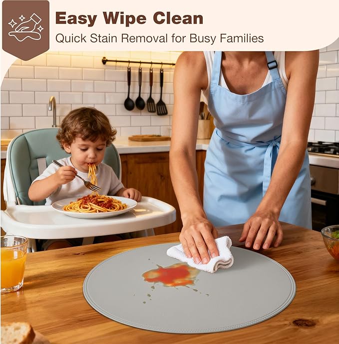 Round Vinyl Gray Placemats Set of 6, Faux Leather Waterproof Wipeable Heat Resistant Place Mats, Washable Table Mats for Halloween, Thanksgiving & Christmas Dinner(Gray)