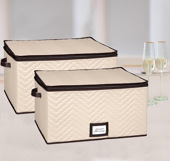 Wine Glass Storage Box with Dividers - Stemware Storage Case, Durable Quilted Microfiber Bin with Carry Handles, Protects Fine China - (2 Pack, Red Wine Glass)