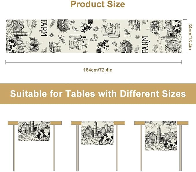 Milk Farm Table Runner, Rustic Farmhouse Animals Fresh Eggs Bread Vegetables Print Table Runner for Farmhouse Kitchen Decor Party Picnic Holiday Dinner, 13x120inch