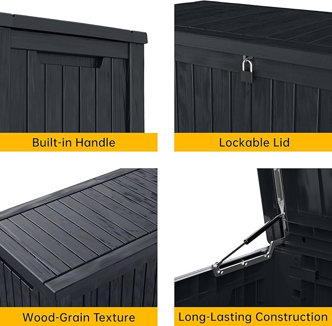 DRATO 200 Gallon Deck Box, Waterproof Resin Large Outdoor Storgae Box for Patio Furniture, Patio Cushions, Gardening Tools, Pool Supplies, Lockable（Black，200 Gallon）