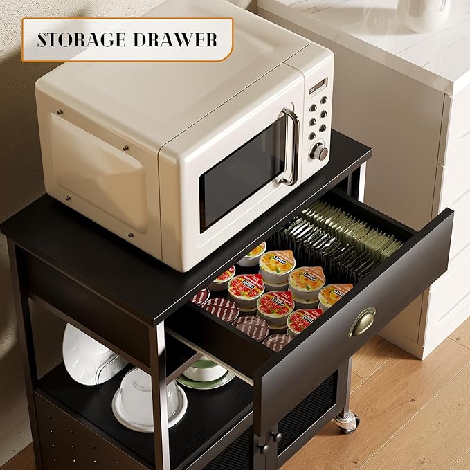 Catrimown Coffee Cart Station with Storage Drawer, Small Microwave Stand with Storage Cabinet, Coffee Stand Station, Rolling Island Cart for Living Room, Dining Room, Kitchen, Black