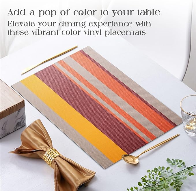 Set of 6 Colorful Striped Vinyl Placemats Heat-Resistant Washable Placemats Non-Slip Woven Table Mats Wipeable Placemat for Kitchen Dining Table Decoration Indoor Outdoor (Sunset Gold)