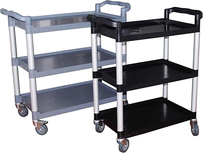 New Star Foodservice 54552 350-Pound Plastic 3-Tier Utility Bus Cart with Locking Casters, 42.5" x 19.5" x 38.5", Black