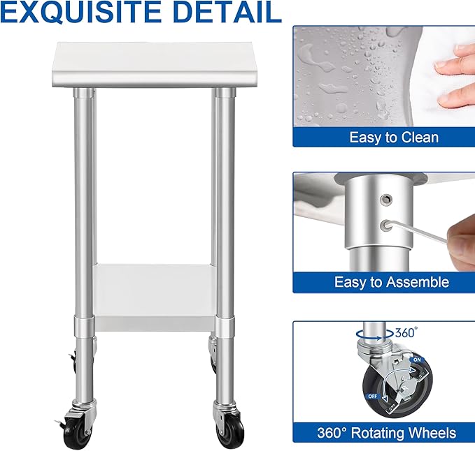 HARDURA Stainless Steel Commercial Table Prep & Work Table with Casters Heavy Duty Metal Table with Wheels NSF 430 24×24 Inches