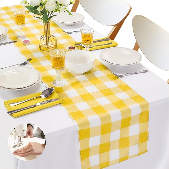 Fabric Checkered Table Runner 1 Pack Waterproof Gingham Table Runner 14W x 108L Buffalo Check Table Runners for Parties Kitchen Dining Wedding Banquet (Yellow and White)