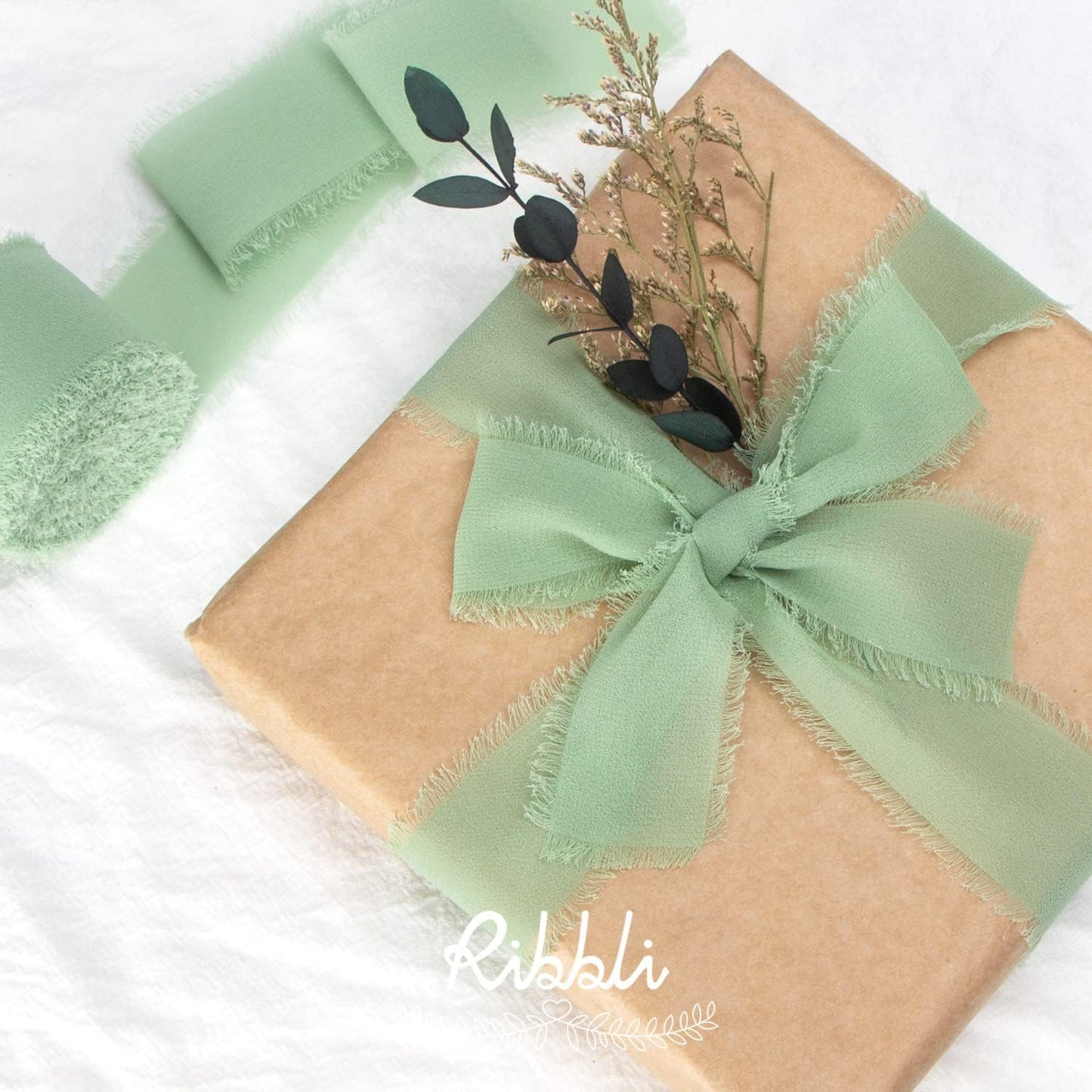 Ribbli Sage Green Chiffon Ribbon - 1-1/2 inch x 20 Yard, Handmade Fringe Chiffon Ribbon for Gift Wrapping, Wedding Invitations, Bridal Bouquets, Flower Arrangement Decoration