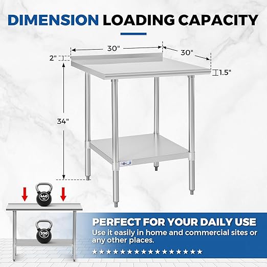 Profeeshaw Stainless Steel Prep Table NSF Commercial Work Table with Backsplash and Undershelf for Kitchen Restaurant 30x30 Inch