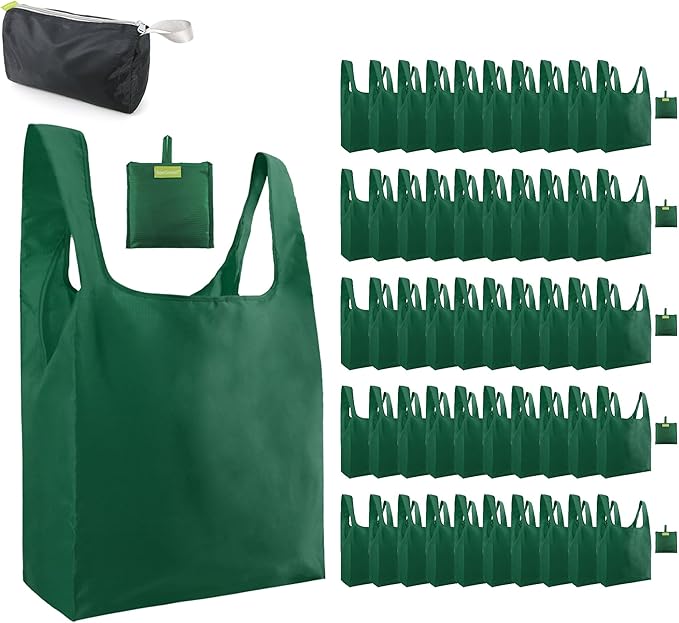BeeGreen Christmas Green Reusable Grocery Bags Dark Green Reusable Kitchen Bags Bulk Foldable-Machine Washable with Zipper Storage Pouch 50 Packs
