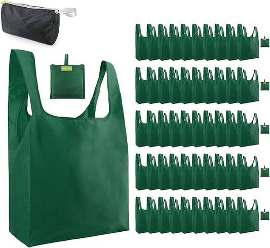 BeeGreen Christmas Green Reusable Grocery Bags Dark Green Reusable Kitchen Bags Bulk Foldable-Machine Washable with Zipper Storage Pouch 50 Packs