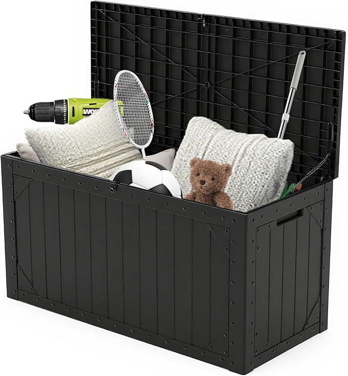 100 Gallon Resin Deck Box, Waterproof Outdoor Storage Box for Patio Furniture Cushions, Garden Tools, and Pool Accessories, Large Lockable UV-Resistant Storage Bin Bench Cabinet for Outside, Black