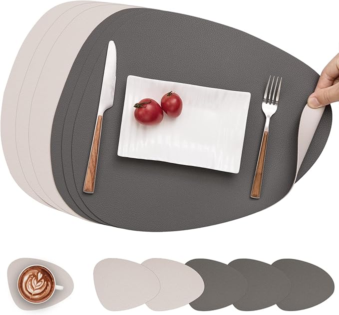 Myir JUN Placemats, Dual-Sided Placemats Waterproof Faux Leather Placemats Set of 6 Place Mats and Coasters Non-Slip Washable Table Mats for Dining Table (Gray Beige, Set of 6)