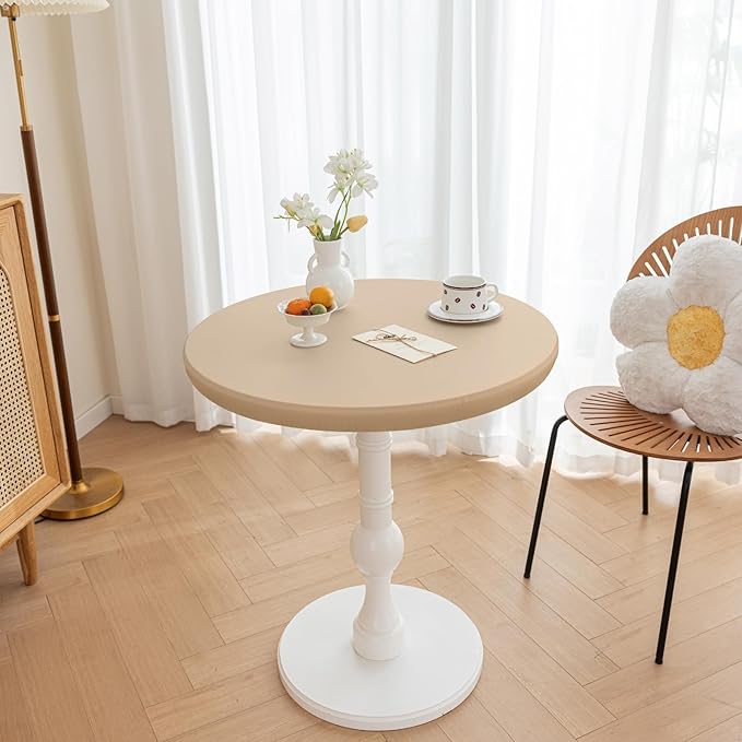 Round Fitted PU Tablecloth with High Elastic Edge 55 Inch Dia Waterproof Oil Proof Table Cloth Anti-Scald Stain-Resistant Wipeable Table Cover for Indoor Outdoor Picnic (Beige,55" Dia)