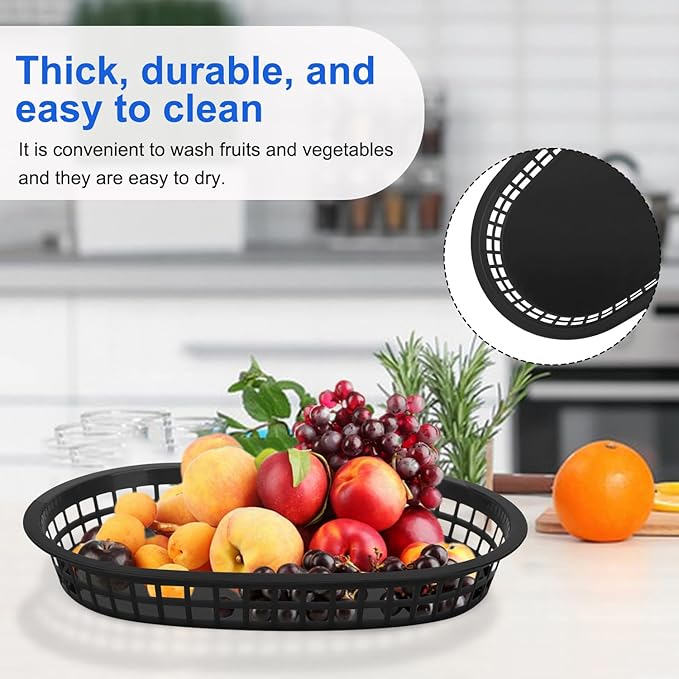 60 Pack Black Fast Food Baskets, 10.6 x 6.7 Inch Oval Black Plastic Food Baskets for Burgers, Fries, Sandwiches, Hot Dogs, Barbecues, Picnics, Parties, Durable and Safe