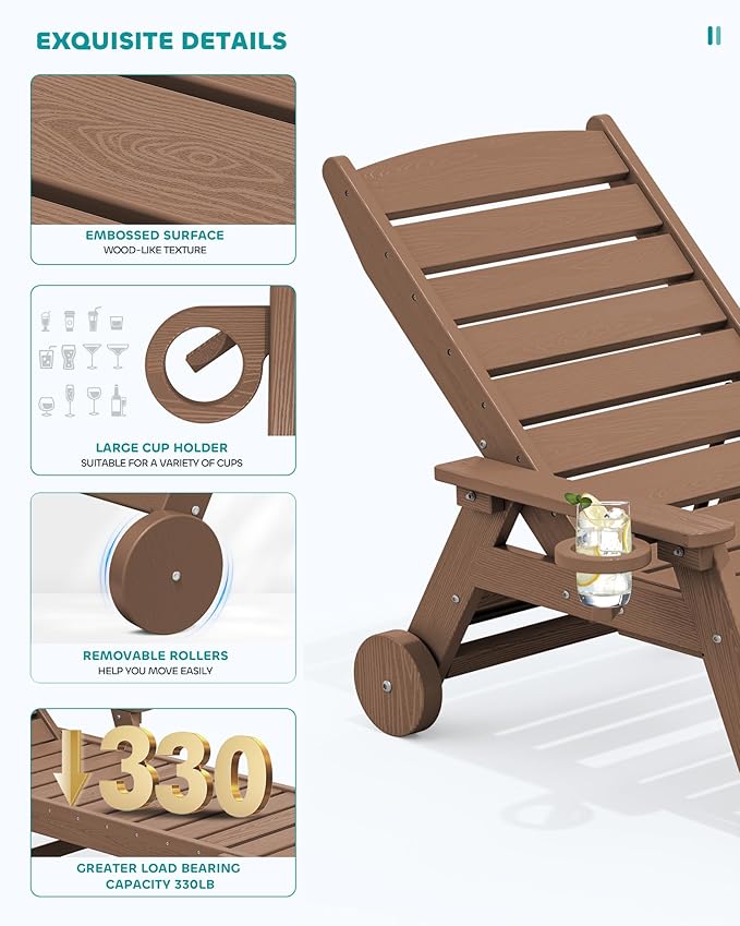 SERWALL Patio Chaise Lounge Chair Set of 2, 78'' Long HDPE Outdoor Lounger, 5 Positions Adjustable Poly Lounge Chair with Rolling Wheels & Cup Holder for Pool, Brown