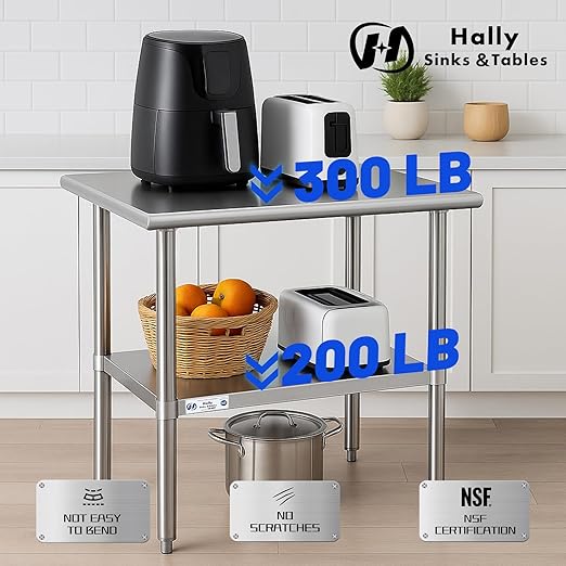 Hally Stainless Steel Table for Prep & Work 24 x 12 Inches, NSF Commercial Heavy Duty Table with Undershelf and Galvanized Legs for Restaurant, Home and Hotel
