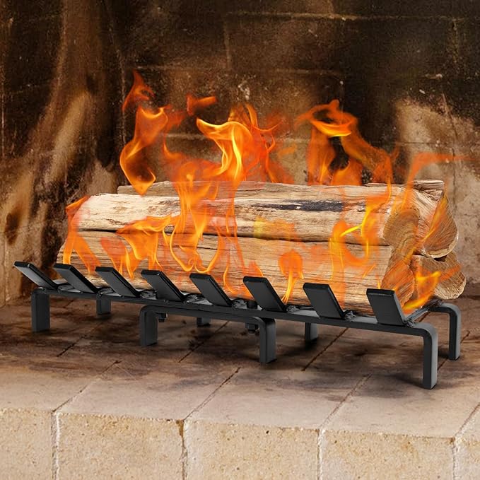20" Fireplace Grate with Ember Retainer, Wood Stove Grate Rack, Heavy Duty Solid Steel 8-Bars Firewood Holder, Easy-Assembly Fire Grate for Indoor Hearth Outdoor Firepit - Matt Black