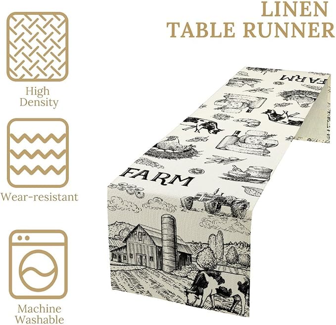 Milk Farm Table Runner, Rustic Farmhouse Animals Fresh Eggs Bread Vegetables Print Table Runner for Farmhouse Kitchen Decor Party Picnic Holiday Dinner, 13x120inch