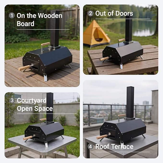 Outdoor Wood Fired Pizza Oven - Portable 12" Pizza Maker with Thermometer, Gas Hose & Pizza Stone for Backyard or Camping