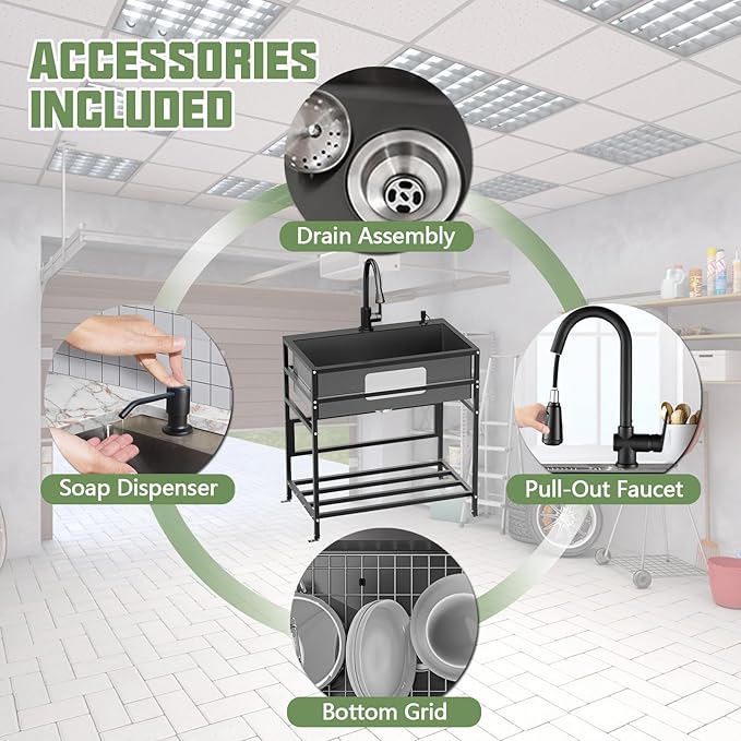 Black 30x18 Inch Freestanding Utility Sink-Stainless Steel Laundry Sink Practicality With Accessories Black Stainless Faucet,Soap Dispenser, SS Sink Grid For Laundry,Garage,Outdoor Kitchen,Garden...