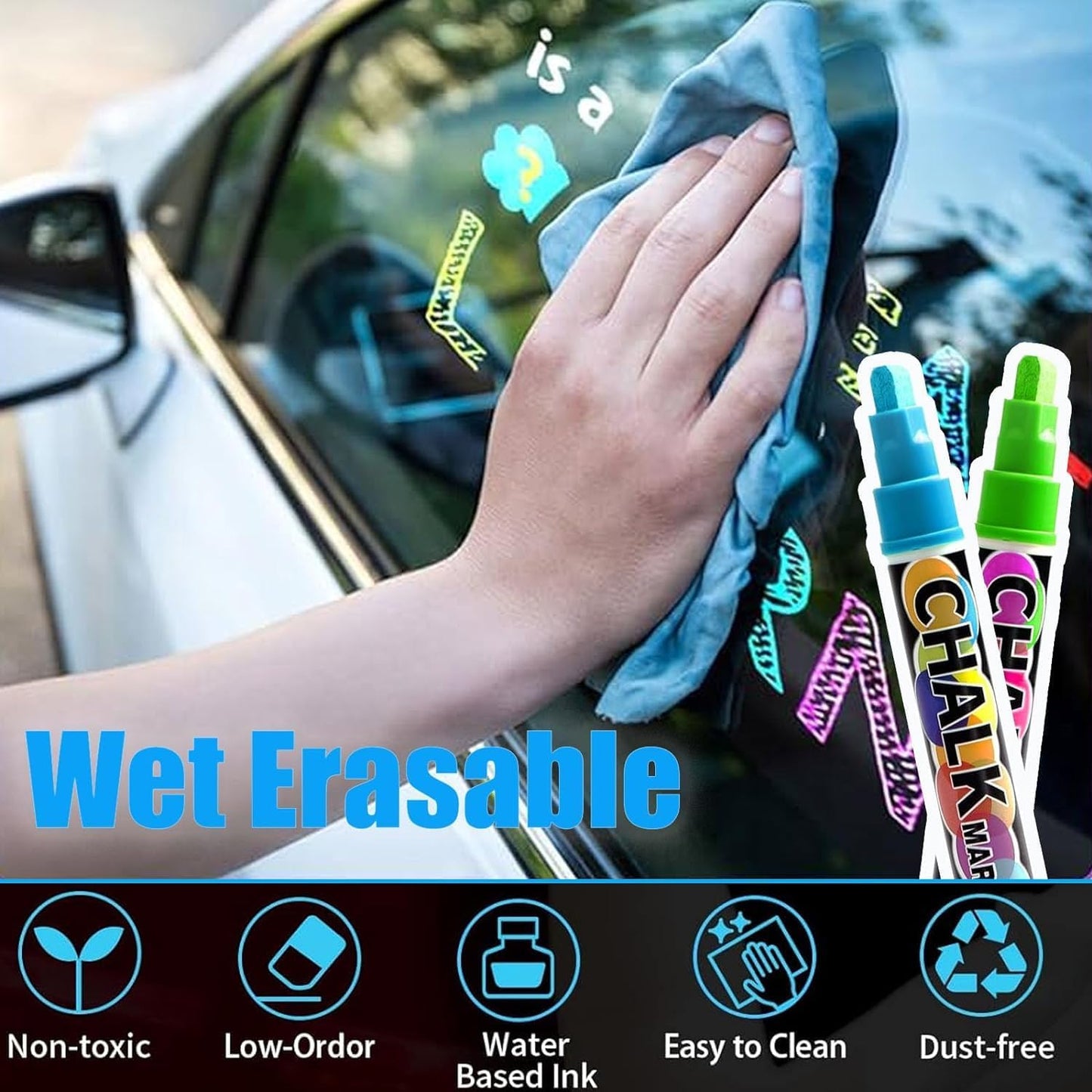Window Chalk Markers for Cars Glass Washable, 8 Colors Jumbo Liquid Chalk Marker Pens with 15mm 3 in 1 Nib Wide Tip, Chalkboard Markers Car Window Paint Pen for Auto, Mirror, Poster, Business