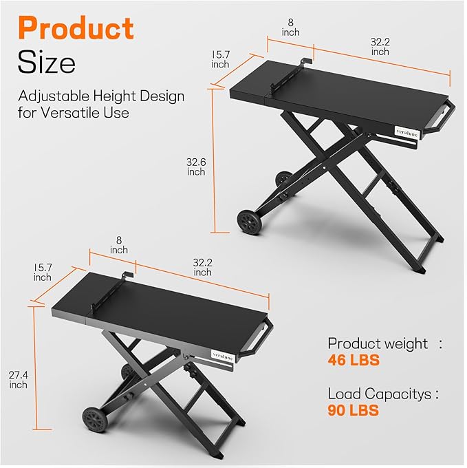 veralune Folding Grill Table, Outdoor Prep Table with 2 Wheels, Adjustable Height Portable Grill cart for Outdoor Cooking Camping BBQ Tailgating Picnicking