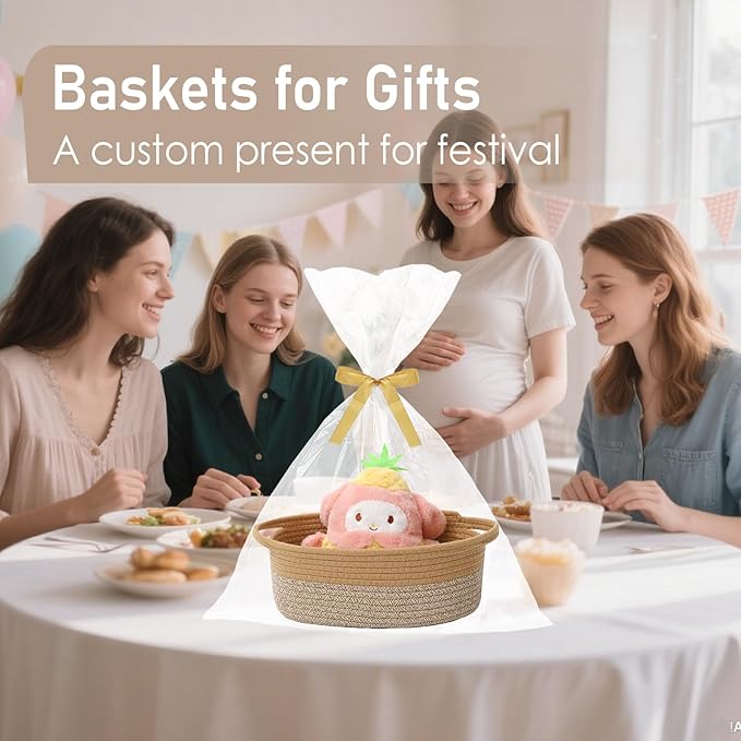 Woven Basket,Small Rope Storage Bin with Handles & Ribbon Bag, Organizer for Shelves Closets,Gift Basket Empty for Birthday,Books,Dog Toys, Jute&Brown/2 Pack