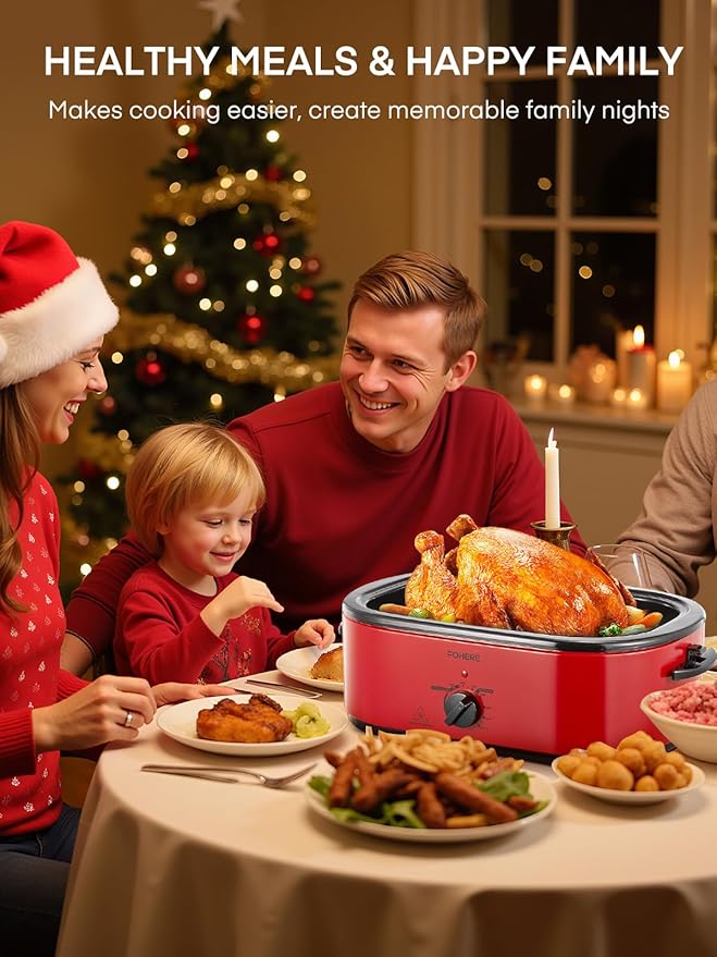 FOHERE 26QT Electric Roaster Oven with Visible & Self-Basting Lid, Large Turkey Roaster with Defrost & Warm Function, Adjustable Temperature Control, Removable Stainless Steel Pan & Rack, Red