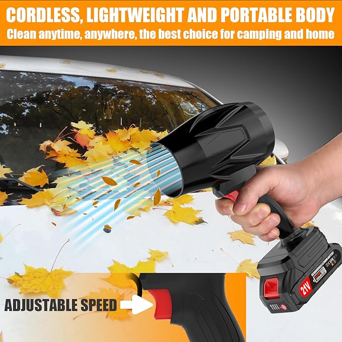 Leaf Blower Cordless with Battery and Charger, 21V Hand Held Blower, Turbo Air Jet Blower, Portable Handheld Leaf Blower with Adjustable Speed for Patio, Lawn Care, Car Snow, Blowing Leaves and Dust