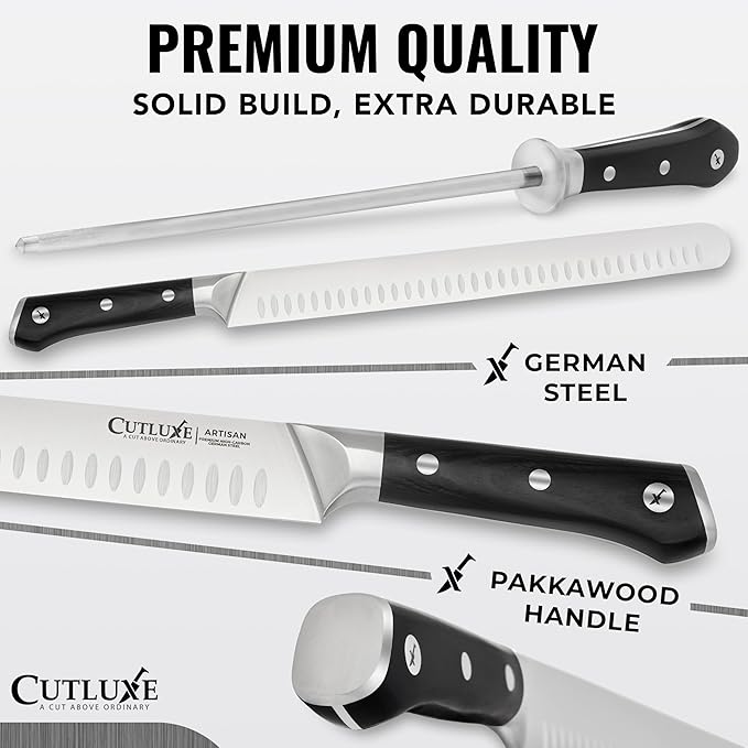 Cutluxe Butcher Knife Set – BBQ Brisket, Breaking and Boning Knives, Honing Rod – Carving Knife Set for Meat Cutting, Ultra Sharp German Steel, Full Tang, Ergonomic Handles – Artisan Series
