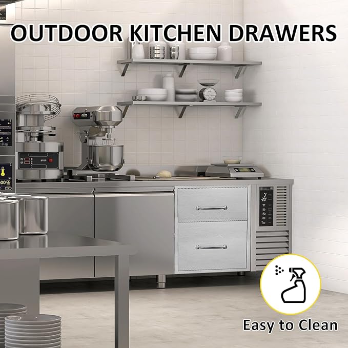 Outdoor Kitchen Drawers 14" W x 21" H x 21" D Flush Mount Double BBQ Drawers with Chrome Handle Stainless Steel Drawer for Outdoor Kitchen Island, Patio Grill Station