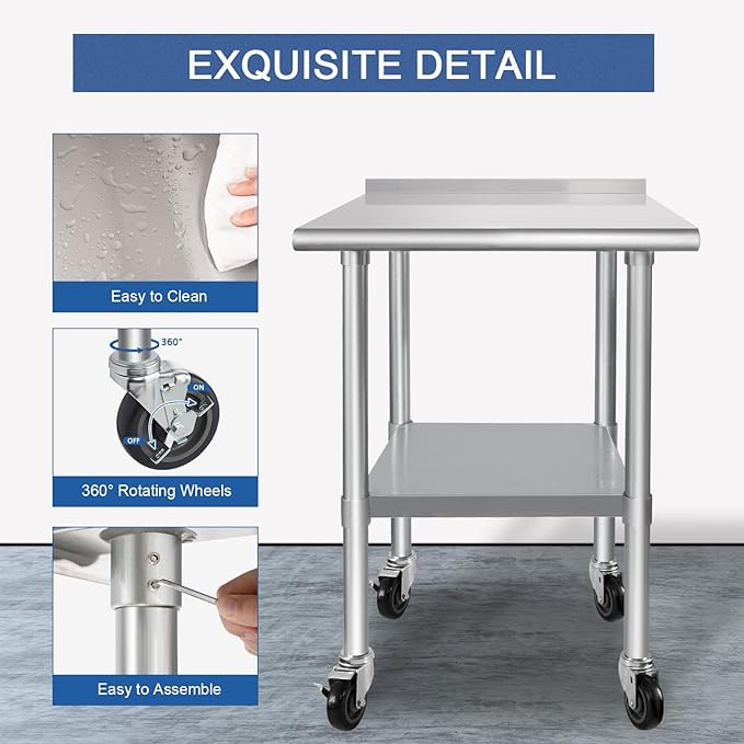 HARDURA Stainless Steel Table 24 x 30 Inches with Wheels Casters NSF Heavy Duty Commercial Prep Table with 2” Backsplash and Adjustable Undershelf for Restaurant Kitchen Home and Hotel