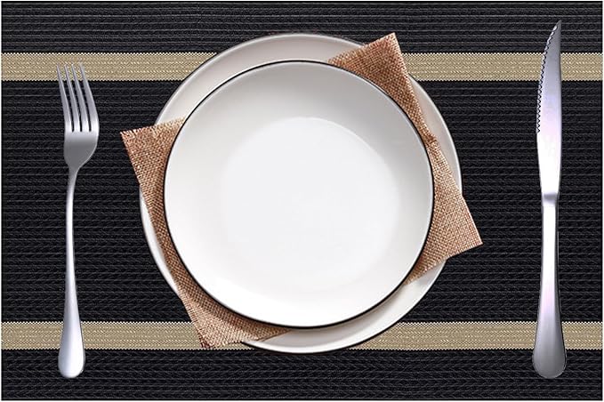 PIGCHCY Luxurious Placemats Set of 4, Non-Slip Placemats Easy to Wipe Clean Kitchen Durable Table Mats for Home/Dining Room Decoration (Black,18 X 12 inches)