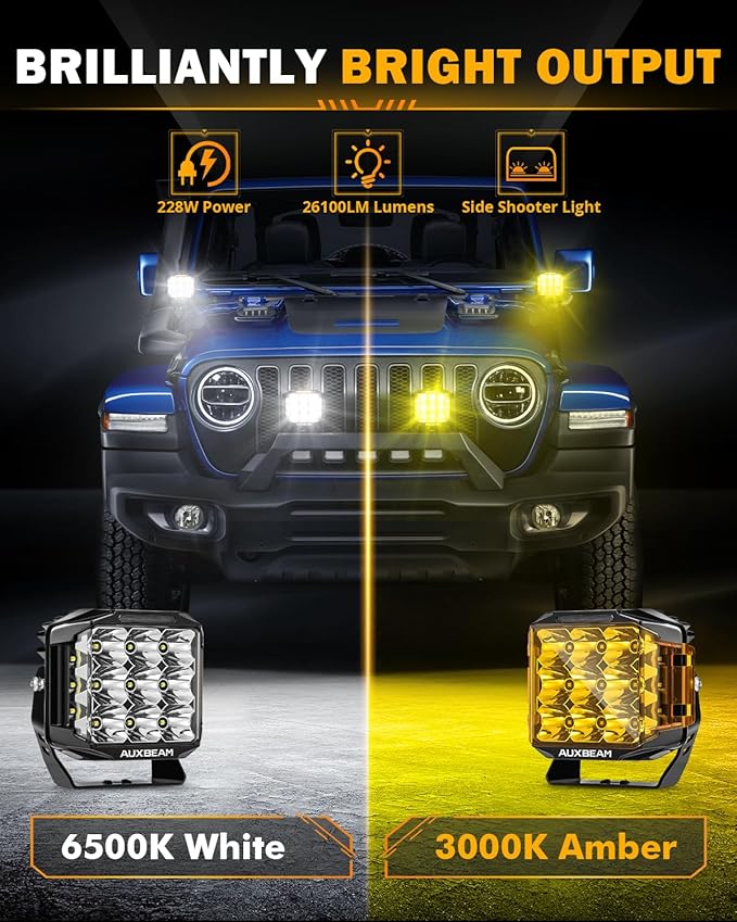 Auxbeam V-MAX Series LED Pod Lights, 7 Inch Offroad Driving Cube Lights with Amber DRL& Backlight, 228W Super Bright Spot Flood Combo Beam Universal Auxiliary Ditch Light with Amber Cover, 2PCS