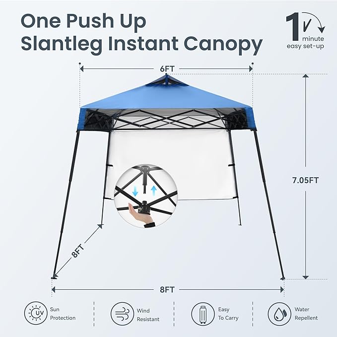 PHI VILLA 8x8ft Pop Up Canopy Tent Instant Portable Shelter One Push Tent Canopy with Wheeled Carry Bag, 4 Weight Bags, Slanted Legs-Blue