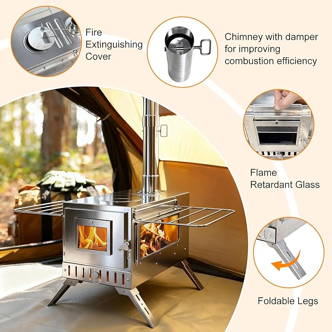 unho Outdoor Wood Burning Stove for Camping, Stainless Steel Chimney Pipe, Outdoor Heating & Cooking Hot Tent Stove