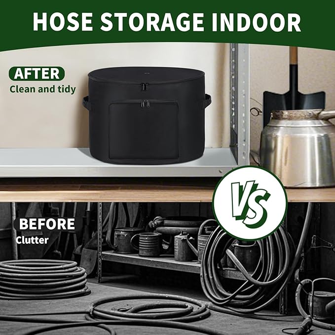 Garden Water Hose Holder Storage Bag Pot，Water Hose Hider，Holds 150 ft Hose ,Bottom With Drain Holes，Patio and Indoor-Black