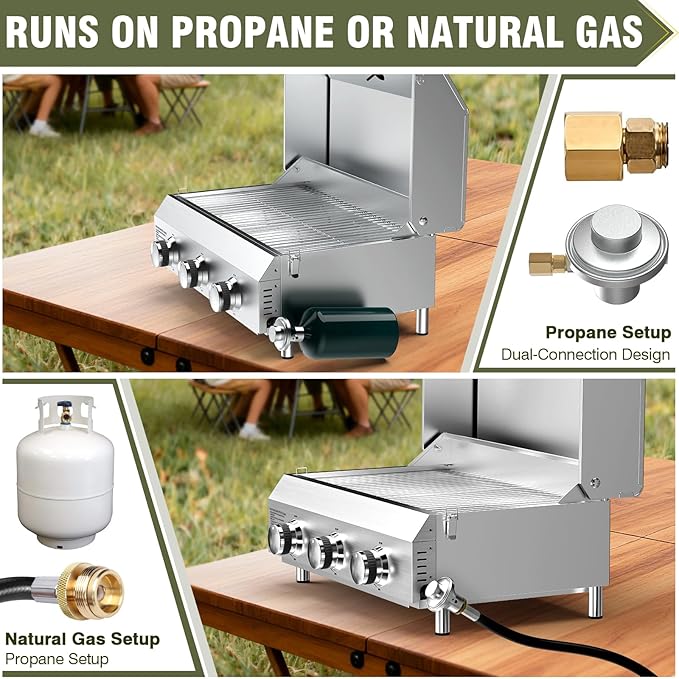Bestfire 3-Burner Tabletop Gas Grill with Dual Connections, 30,000 BTU Portable Propane Grill Fits Large Cylinders & Small Canisters, Stainless Steel Knobs, Compact Design for Camping, RV, BBQ