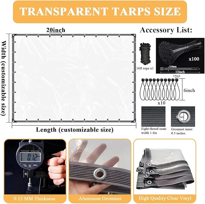 5x5 FT Clear Vinyl Patio Enclosure Panels - Heavy Duty Waterproof Clear Tarps with Reinforced Edges & Grommets for Temporary Winter Porch Enclosure & Deck Enclosure