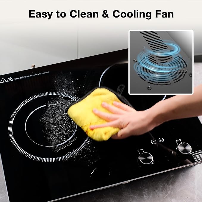 Electric Cooktop,1110V 2100W 2 Burner stove,Built-in & Countertop Stove Top with10 Heating Level, Timer & Kid Safety Lock, LED Knob Touch Control 2 Burner Electric Cooktop
